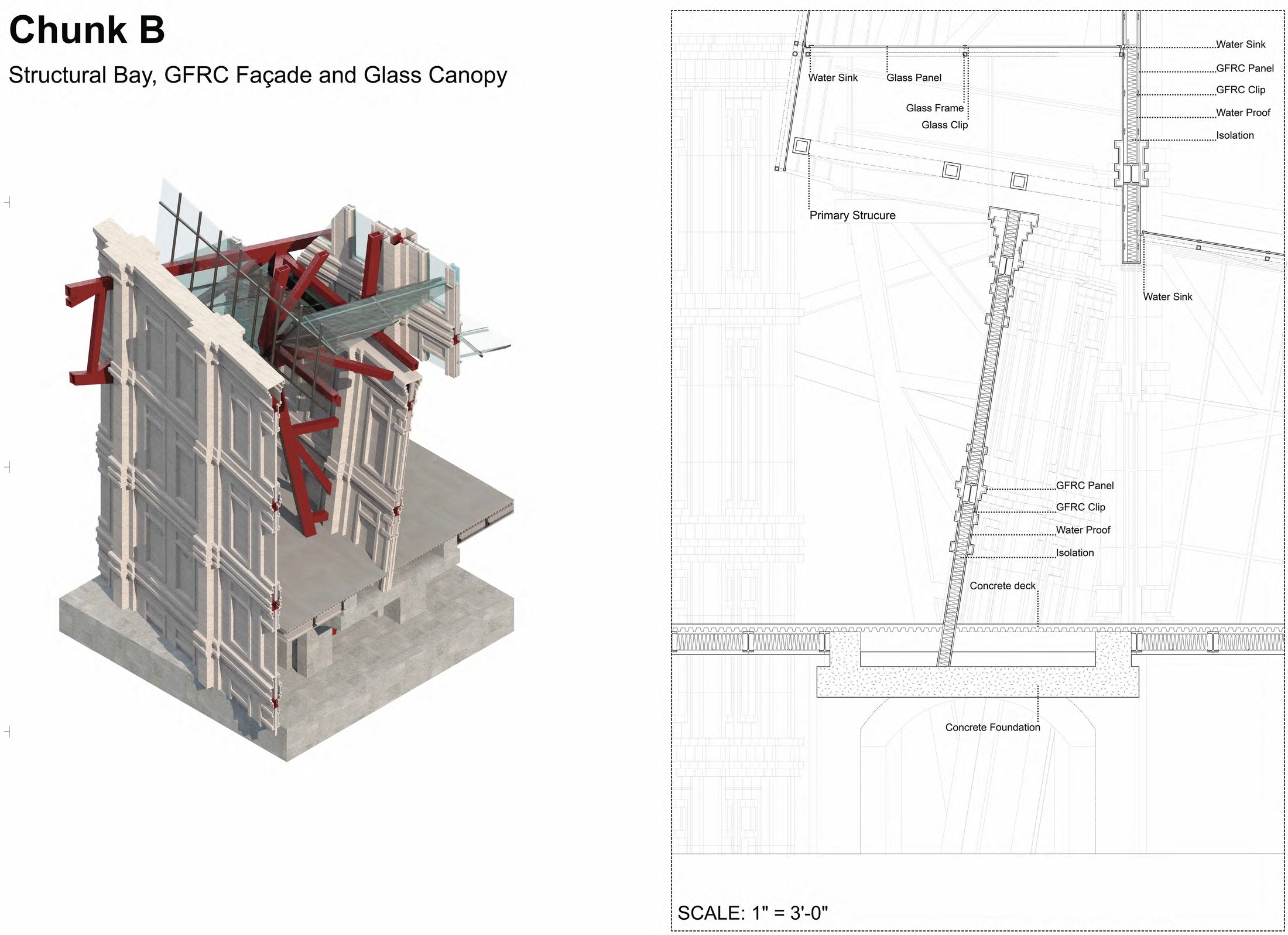Chunk B Structural Bay, GFRC Façade and Glass Canopy